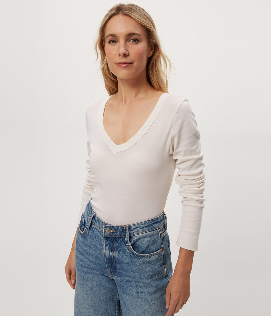 Molly V-Neck Tee in CHALK White Close Up View #CHALK