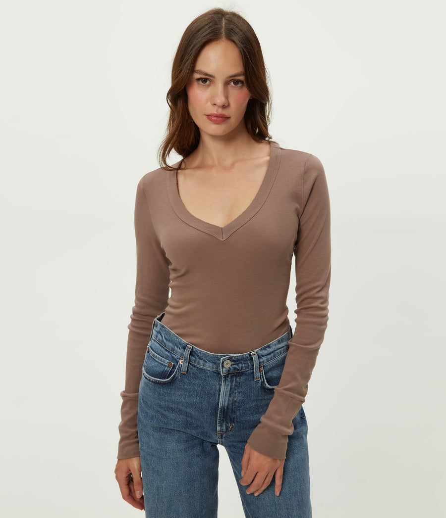 Molly V-Neck Tee in Cobblestone Brown Close Up View #COBBLESTONE