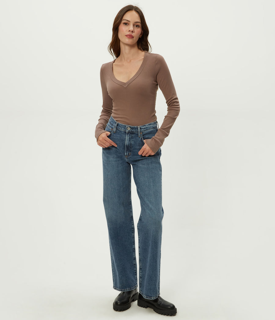 Molly V-Neck Tee in Cobblestone Brown Full Body View #COBBLESTONE