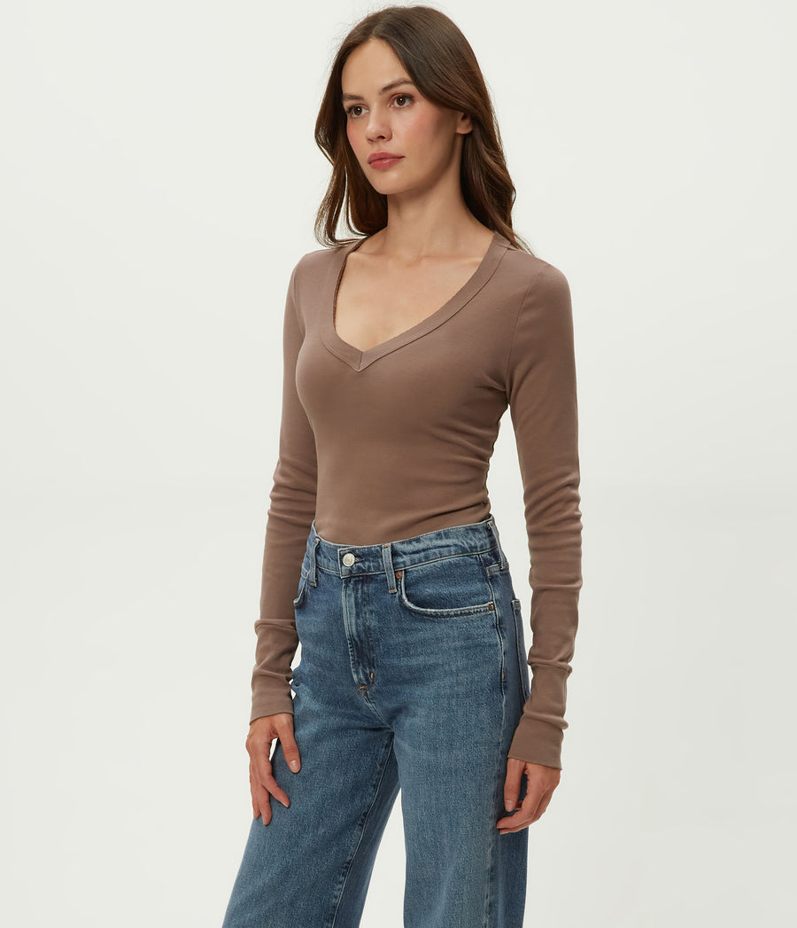 Molly V-Neck Tee in Cobblestone Brown Side View #COBBLESTONE