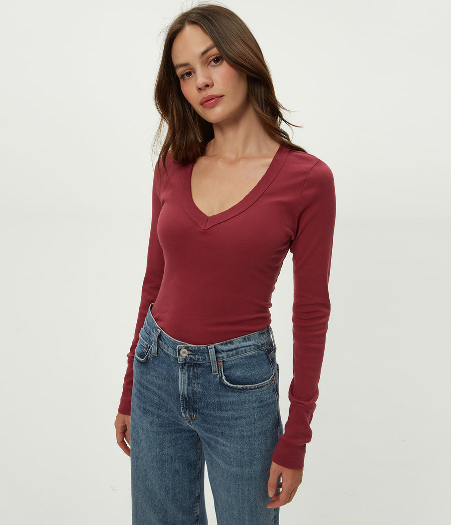 Molly V-Neck Tee in Garnet Red Close Up View #GARNET