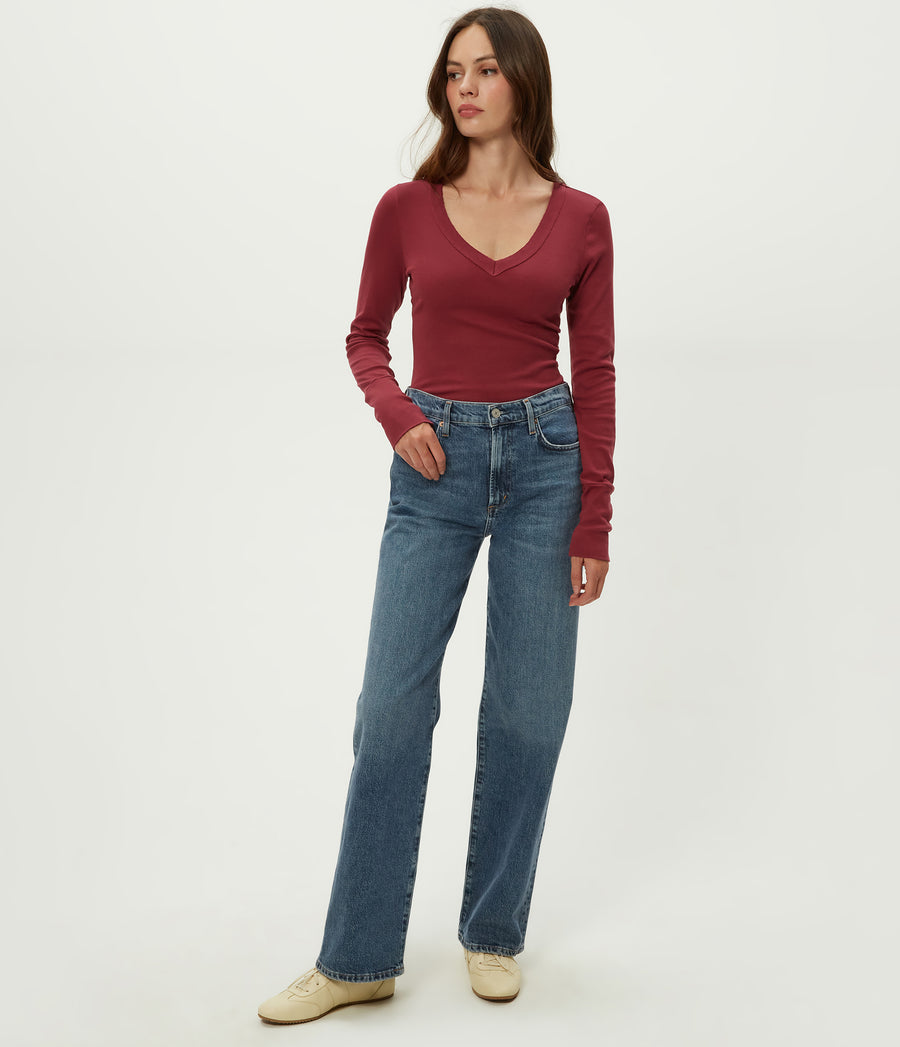 Molly V-Neck Tee in Garnet Red Full Body View #GARNET