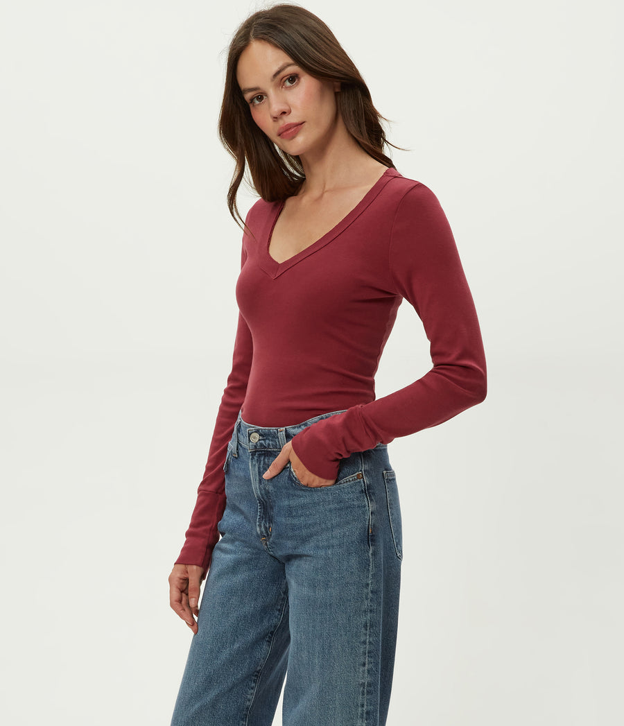 Molly V-Neck Tee in Garnet Red Side View #GARNET