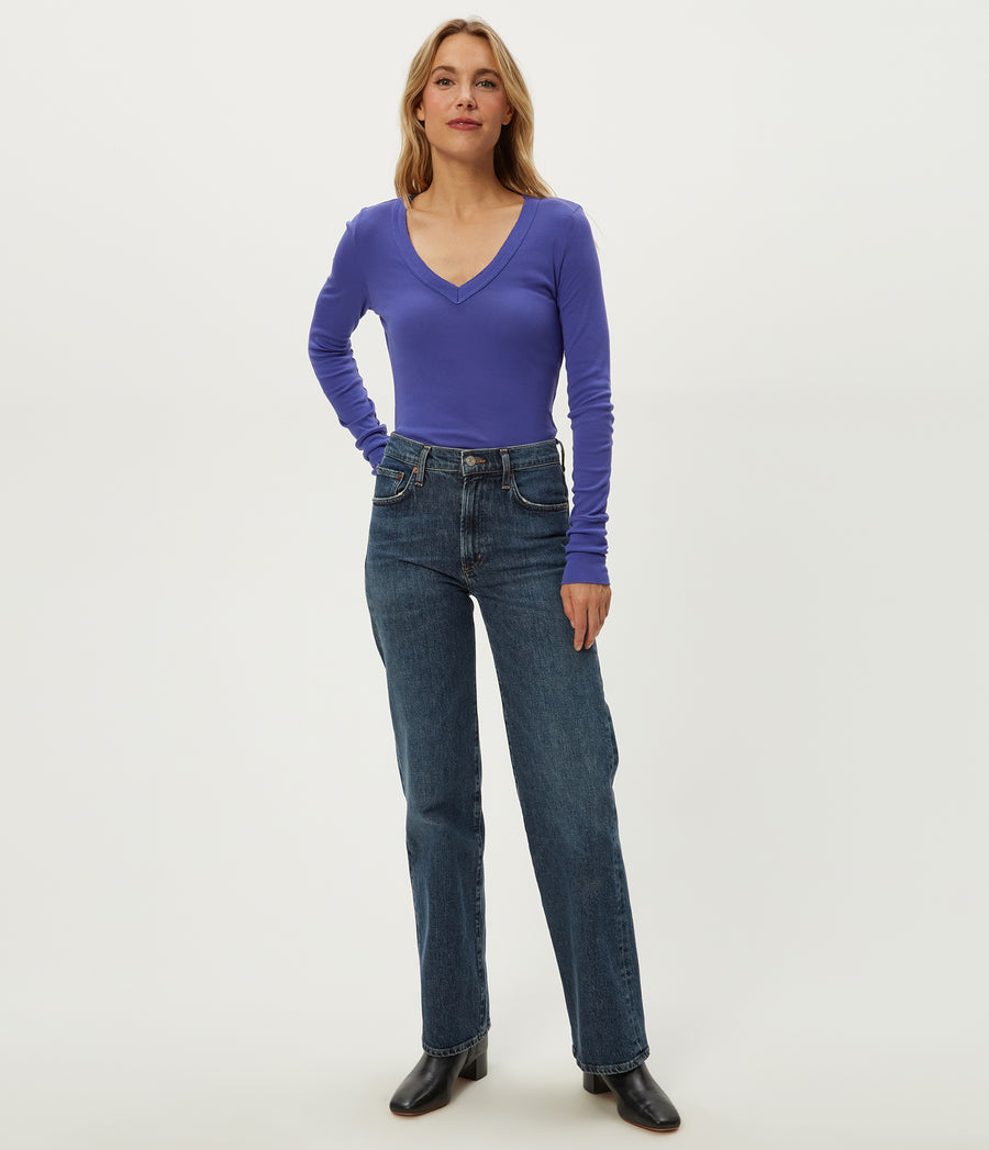 Molly V-Neck Tee in Lapis Blue Full Body View #LAPIS