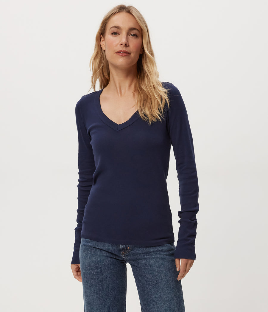 Molly V-Neck Tee in Nocturnal Blue Close Up View #NOCTURNAL