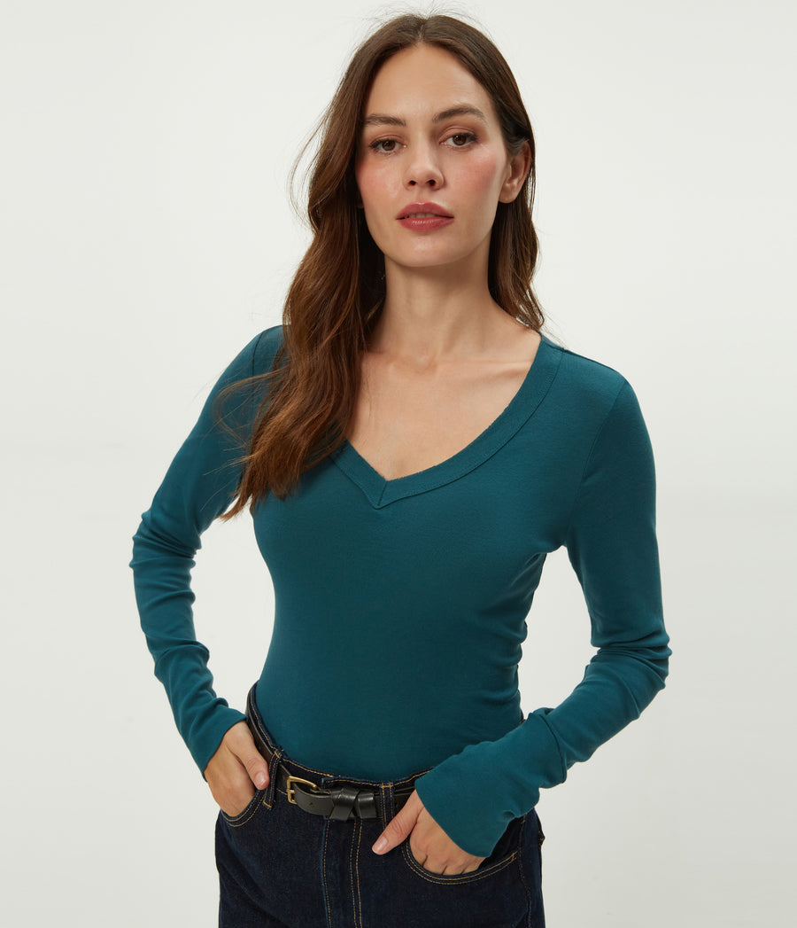 Molly V-Neck Tee in RAINFOREST BLUE Close up View #RAINFOREST
