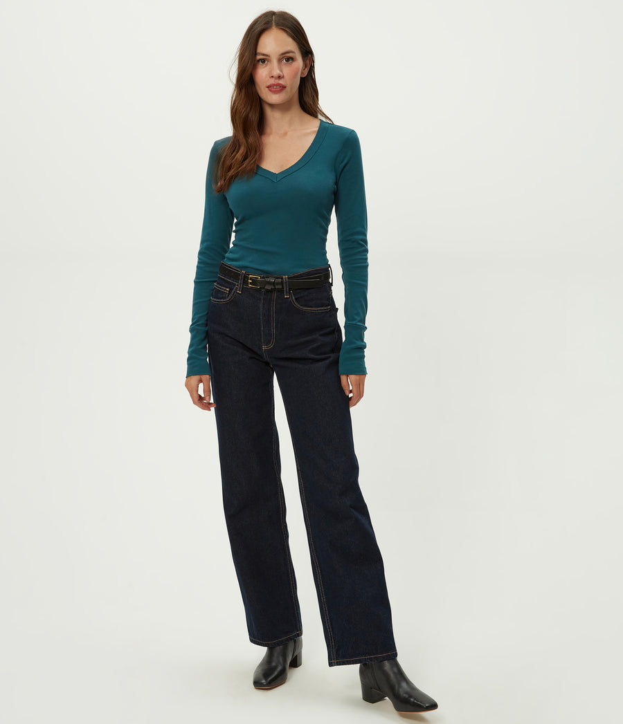 Molly V-Neck Tee in RAINFOREST BLUE Full Body View #RAINFOREST