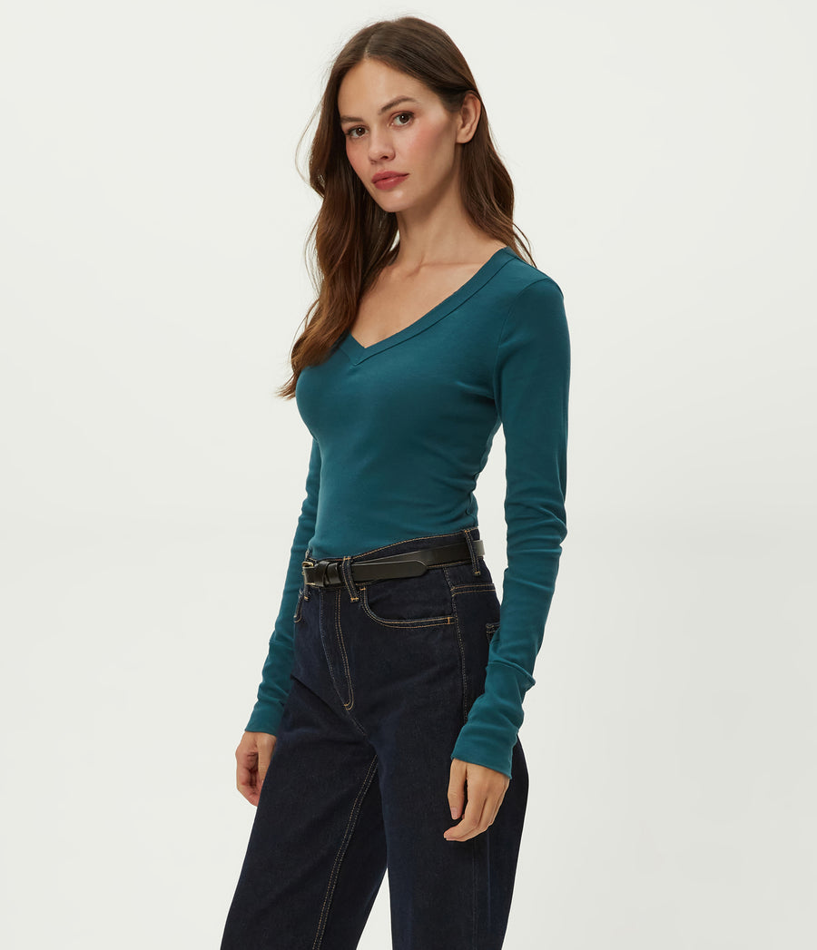 Molly V-Neck Tee in RAINFOREST BLUE Side View #RAINFOREST