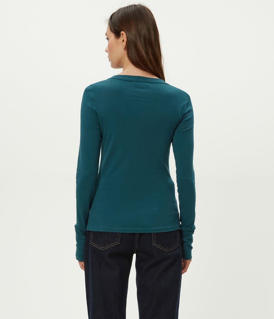 Molly V-Neck Tee in RAINFOREST BLUE Back View #RAINFOREST