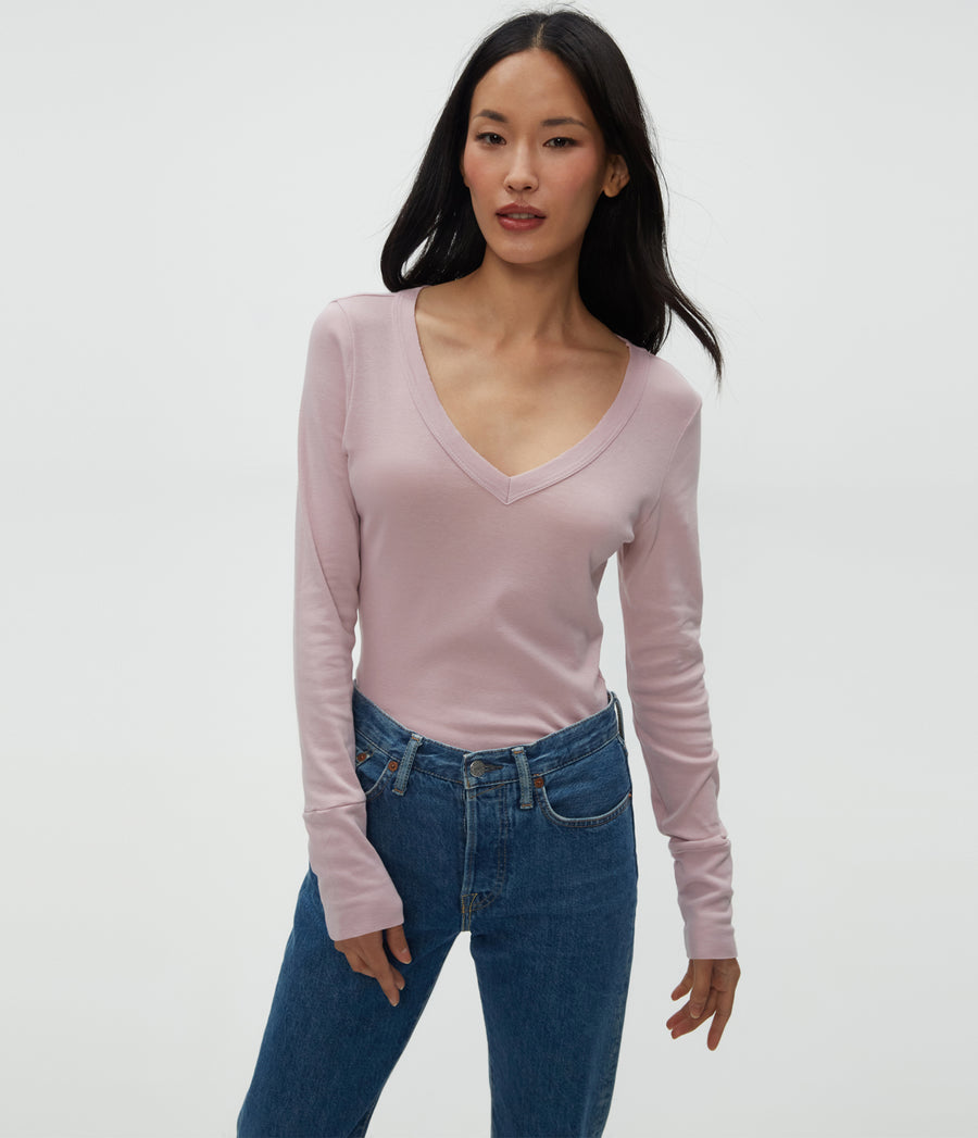 Molly V-Neck Tee in Sachet Pink Close Up View #SACHET