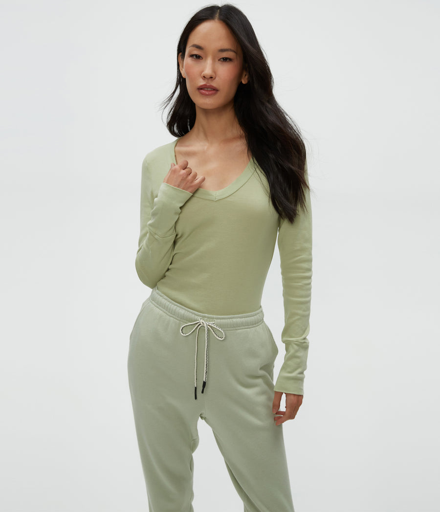 Molly V-Neck Tee in Seacrest Green Close Up View #SEACREST