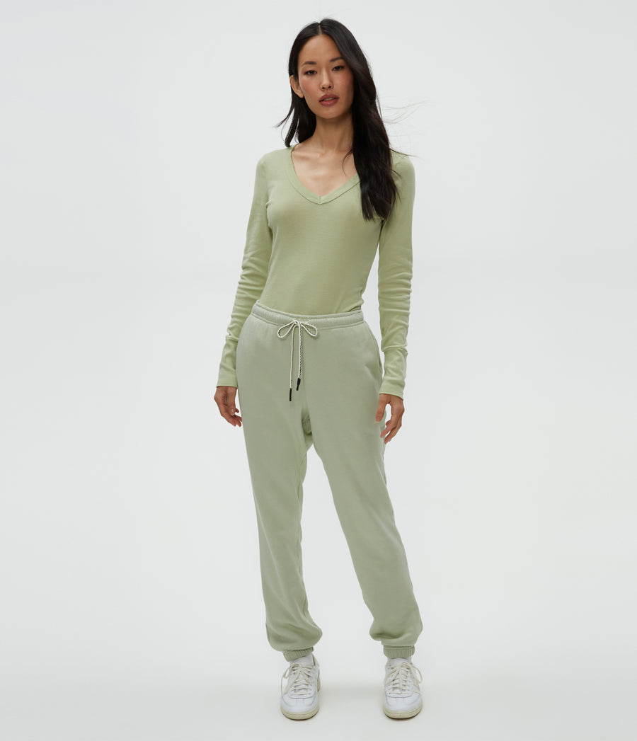 Molly V-Neck Tee in Seacrest Green Full Body View #SEACREST
