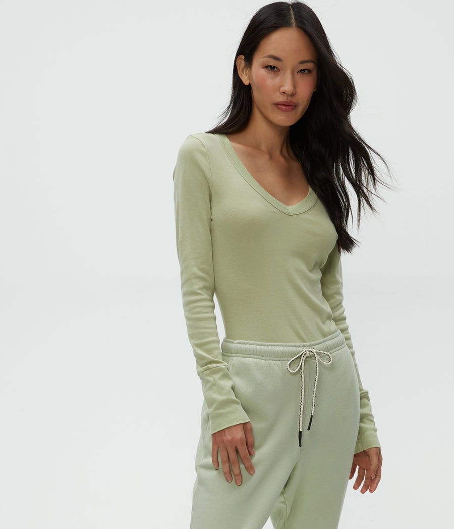 Molly V-Neck Tee in Seacrest Green Side View #SEACREST