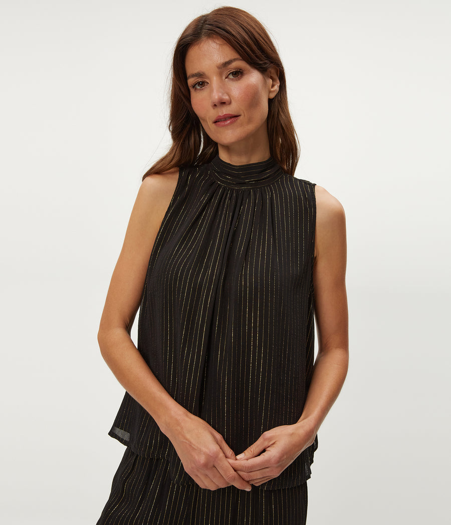 Alicia Tie Neck Top in Black Close up View #BLACK COMBO