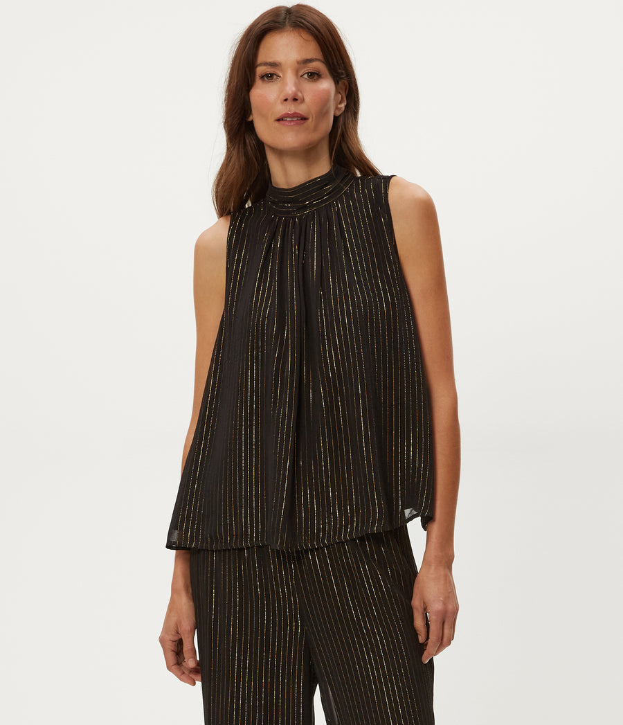 Alicia Tie Neck Top in Black Full Body View #BLACK COMBO