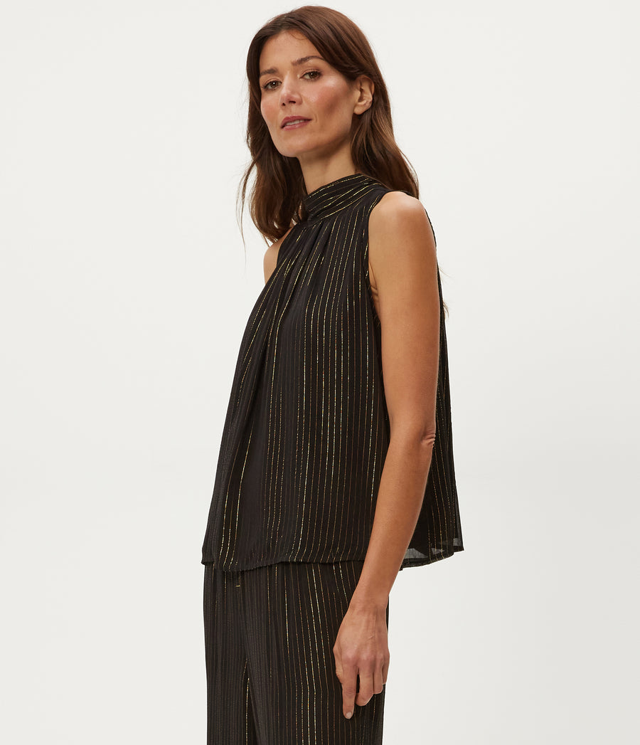 Alicia Tie Neck Top in Black Side View #BLACK COMBO