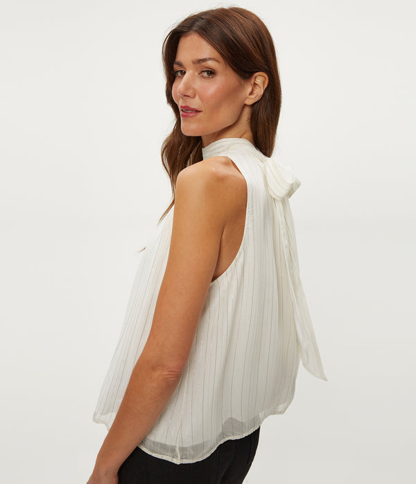 Alicia Tie Neck Top in Ivory White Side View #IVORY COMBO