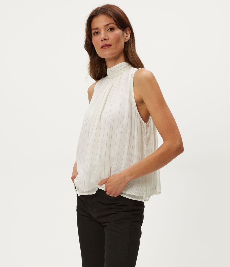 Alicia Tie Neck Top in Ivory White Close up View #IVORY COMBO