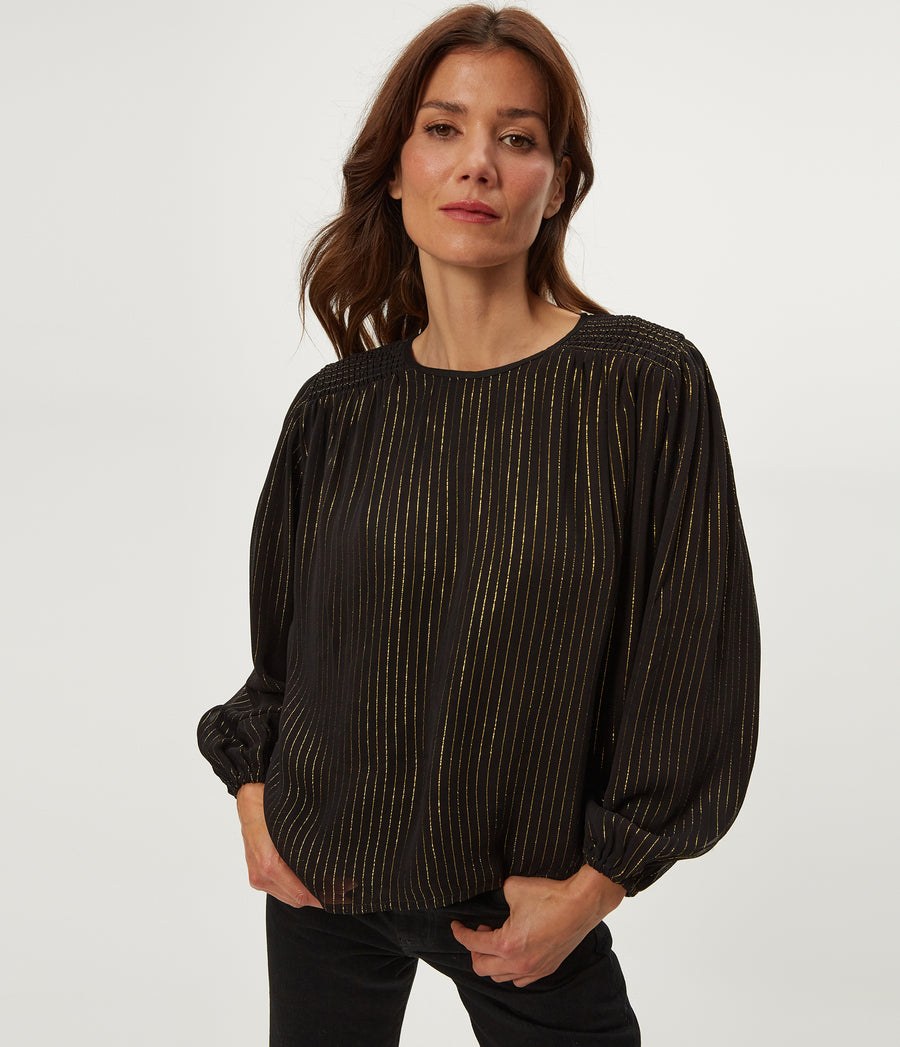 Dolly Metallic Stripe Top in Black Close up View #BLACK COMBO