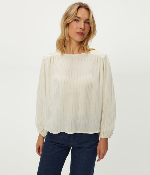 Dolly Metallic Stripe Top in Ivory White Close up View #IVORY COMBO