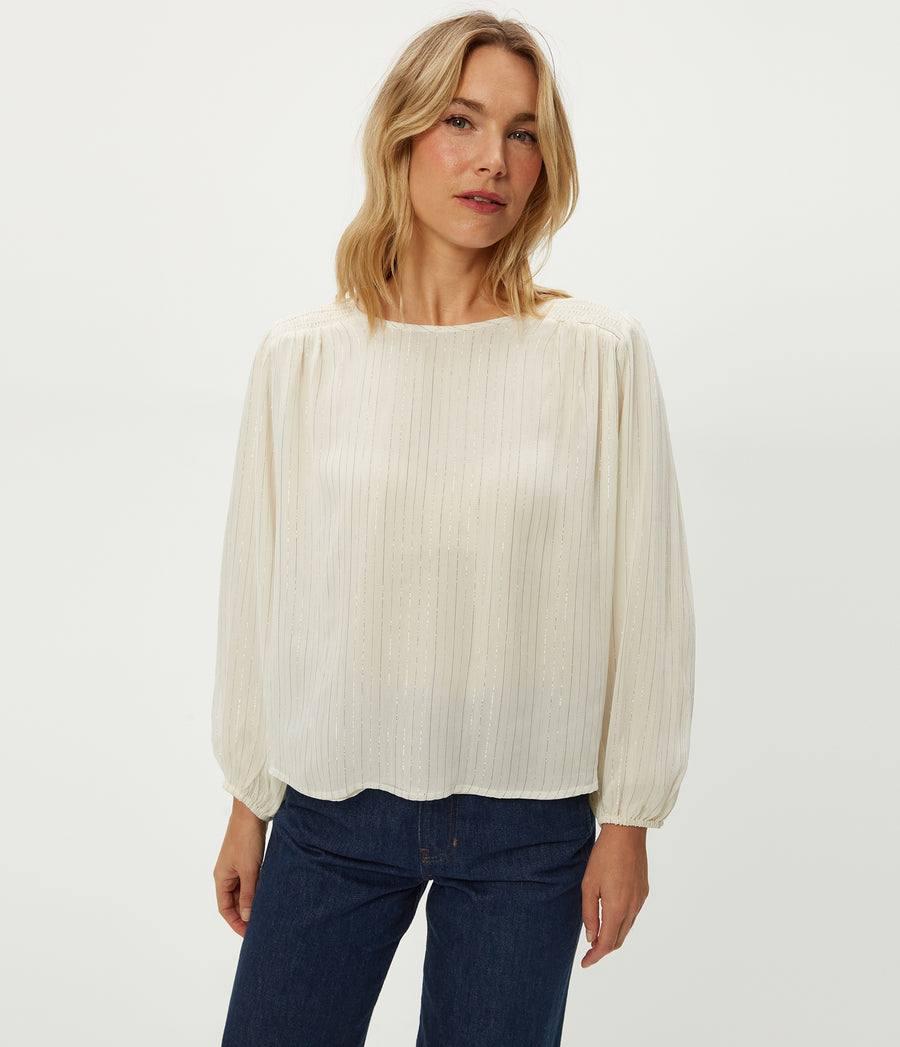 Dolly Metallic Stripe Top in Ivory White Close up View #IVORY COMBO