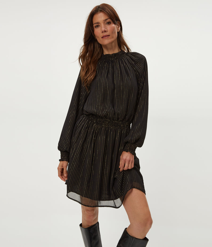 Constance Mini Dress in Black Close up View #BLACK COMBO