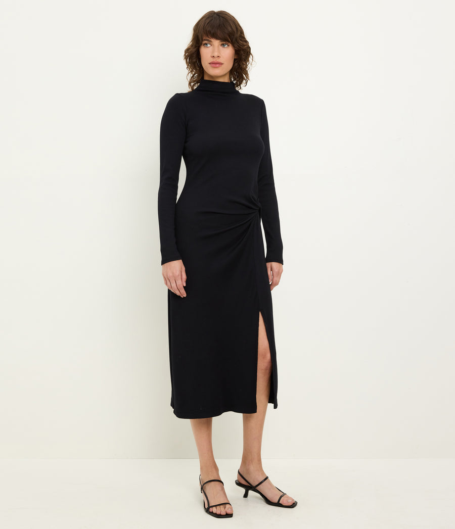 PETITE Tish Mock Neck Midi Dress in Black Side View #BLACK