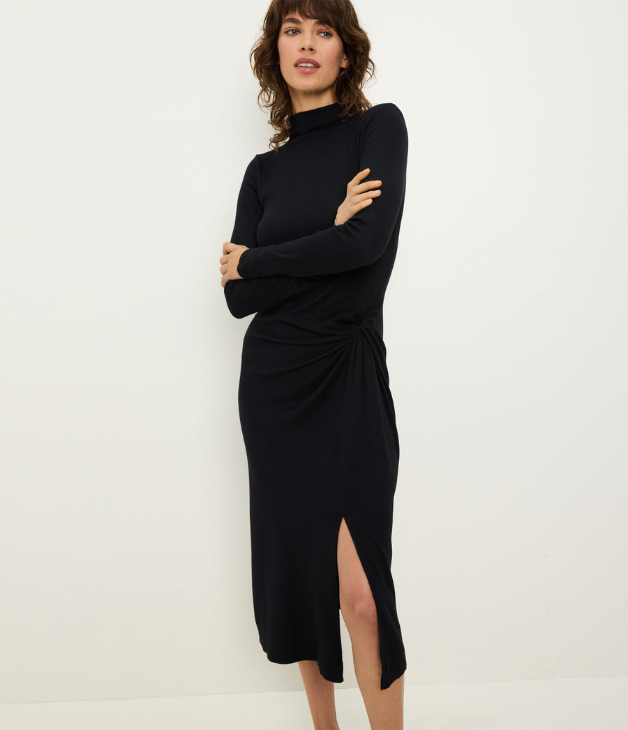 PETITE Tish Mock Neck Midi Dress in Black Full Body View #BLACK