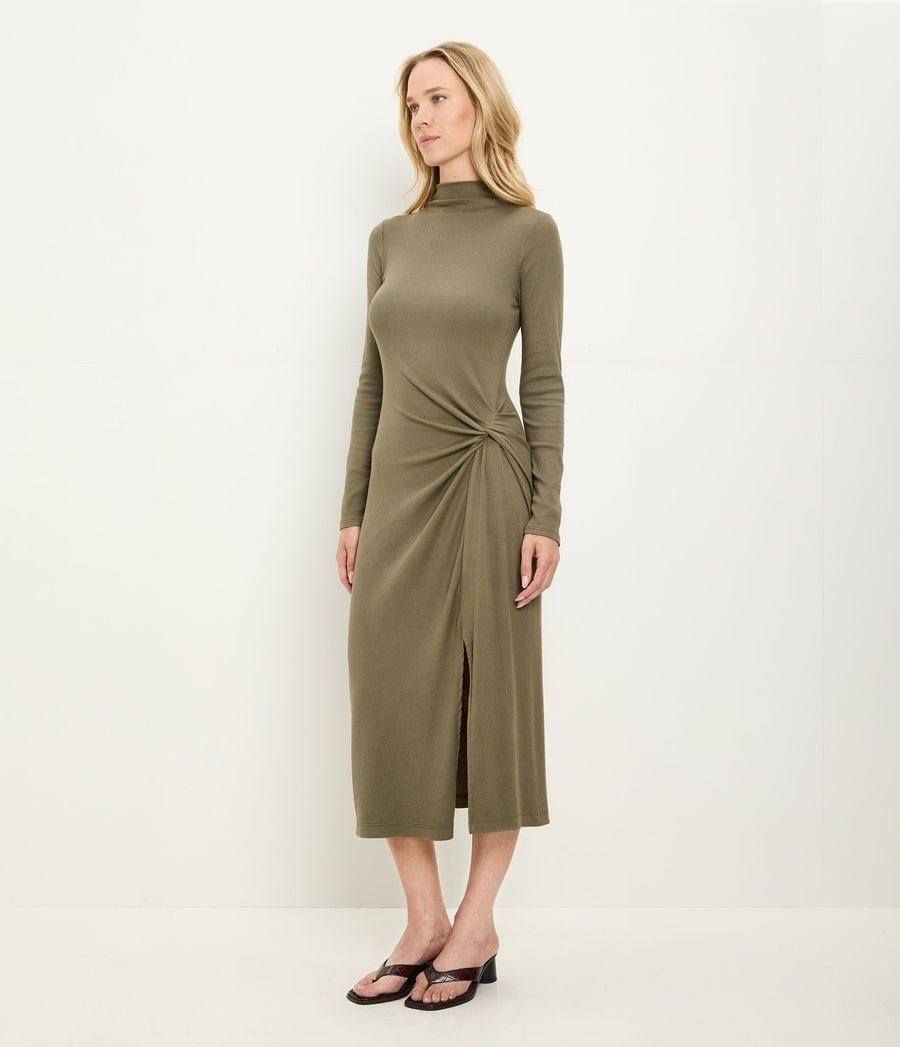 Petite Tish Mock Neck Midi Dress in CAPER Green Side View #CAPER