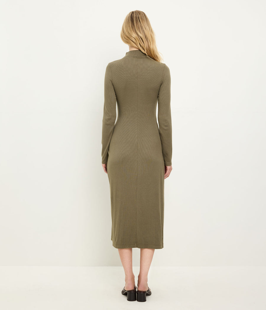Petite Tish Mock Neck Midi Dress in CAPER Green Back View #CAPER