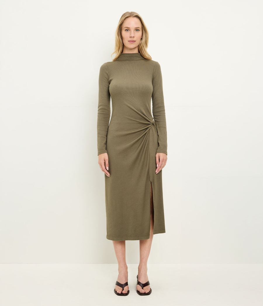 Petite Tish Mock Neck Midi Dress in CAPER Green Full Body View #CAPER