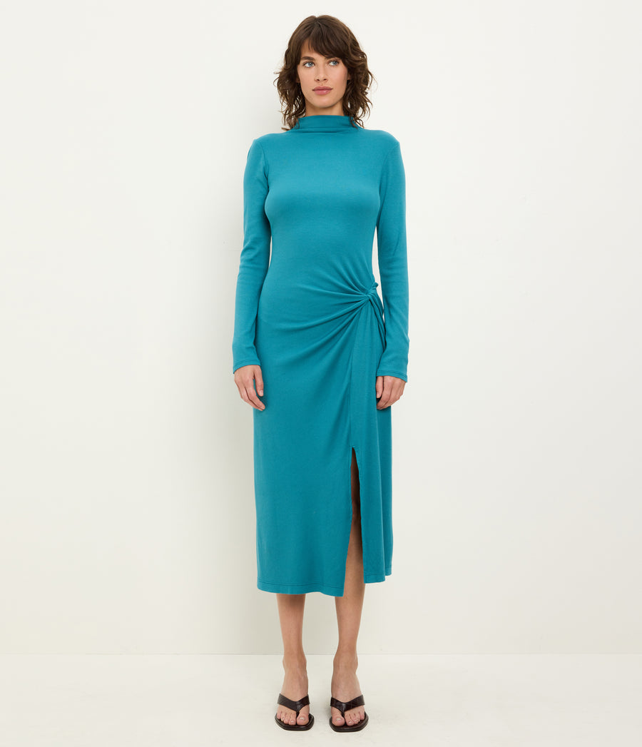 Petite Tish Mock Neck Midi Dress in GLAZE Blue Full Body View #GLAZE