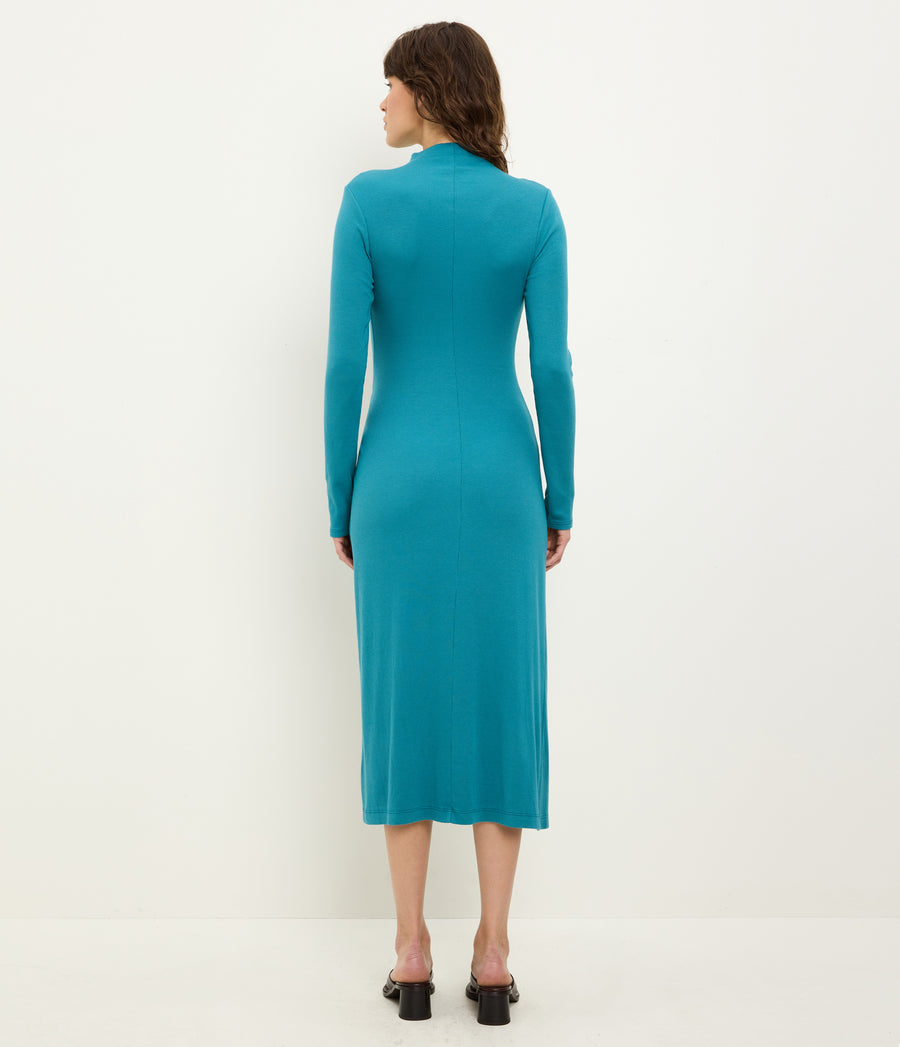 Petite Tish Mock Neck Midi Dress in GLAZE Blue Back View #GLAZE