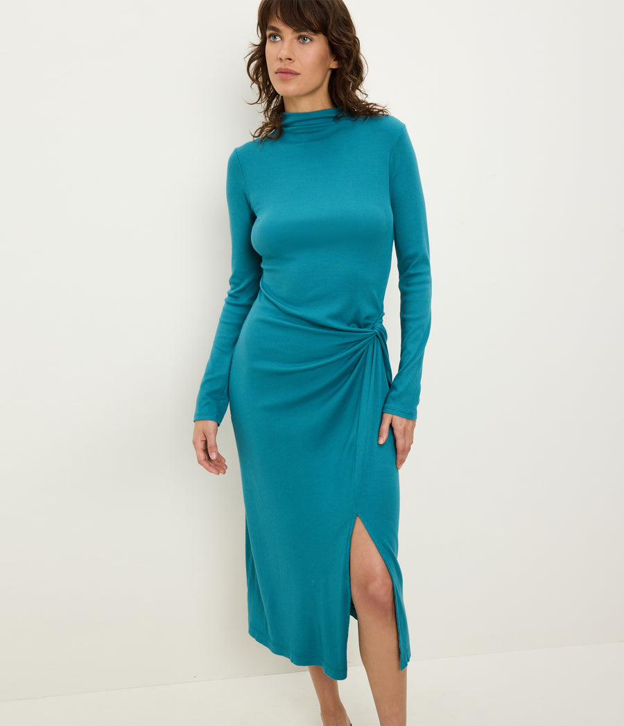 Petite Tish Mock Neck Midi Dress in GLAZE Blue Full Body View #GLAZE