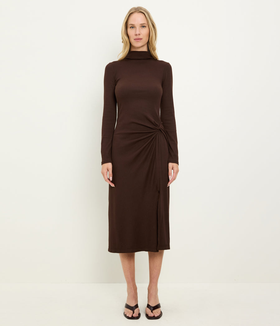 Petite Tish Mock Neck Midi Dress in Java Brown Full Body View #JAVA