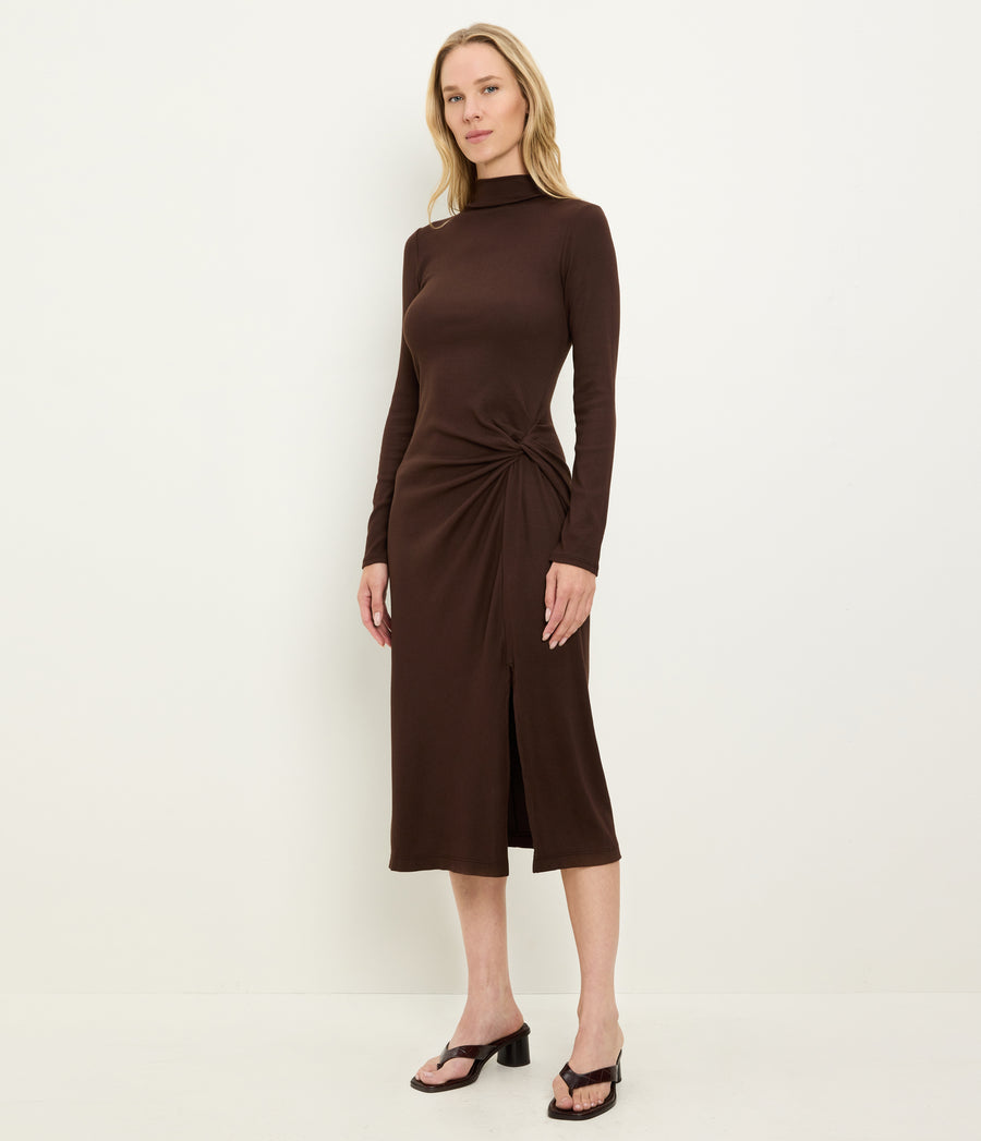 Petite Tish Mock Neck Midi Dress in Java Brown Side Viewv#JAVA