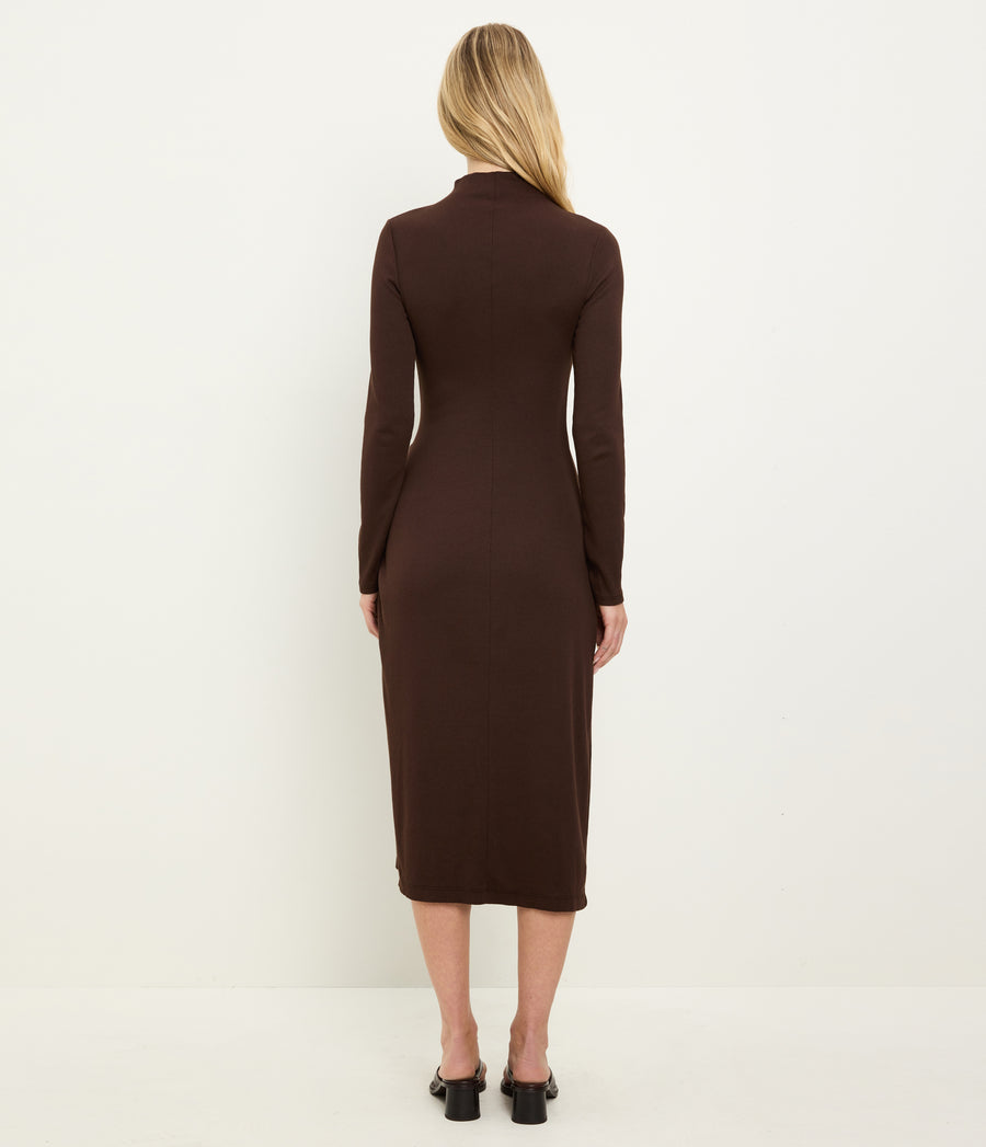 Petite Tish Mock Neck Midi Dress in Java Brown Back View #JAVA