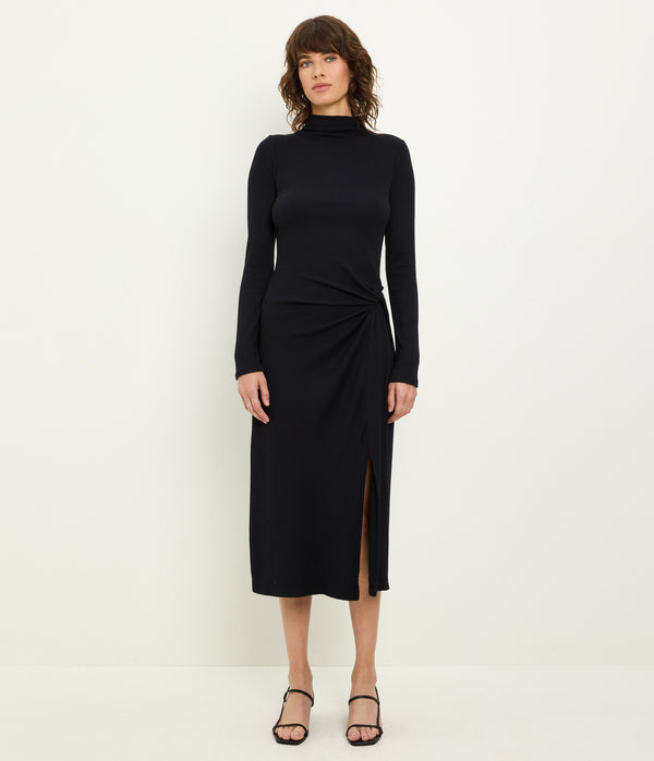 PETITE Tish Mock Neck Midi Dress in Black Full Body View #BLACK