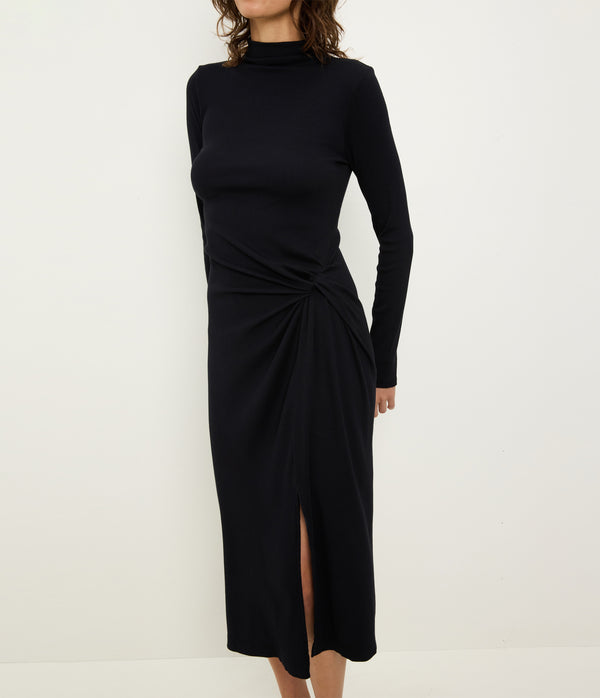 PETITE Tish Mock Neck Midi Dress in Black Close up View #BLACK
