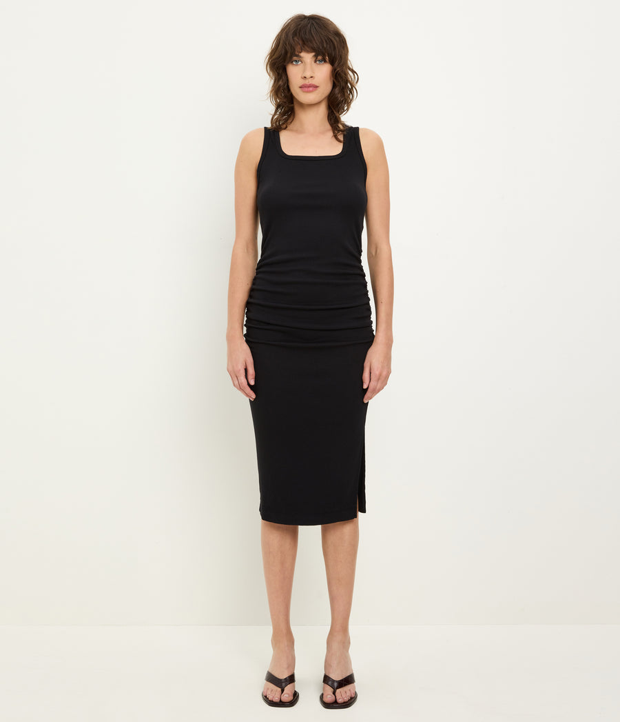Petite Square Neck Midi Dress in Black Full Body View #BLACK