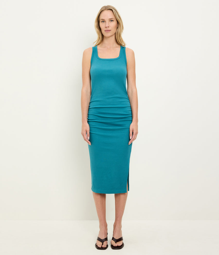 Petite Square Neck Midi Dress in GLAZE Blue Full Body View #GLAZE