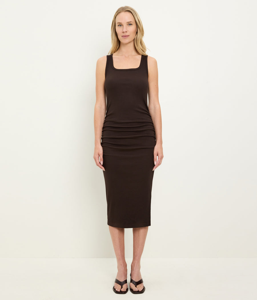 Petite Square Neck Midi Dress in Java Brown Full Body View #JAVA