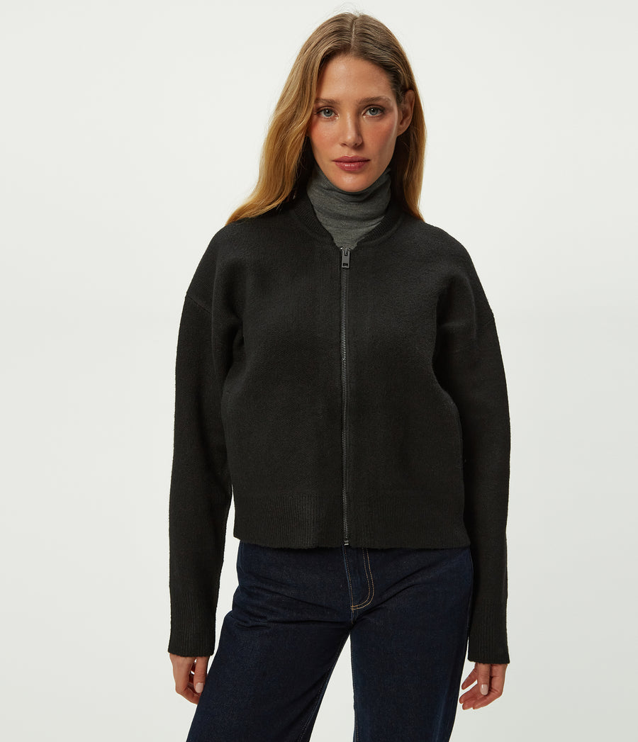 Lidia Cropped Bomber Jacket in Black Close up View #BLACK