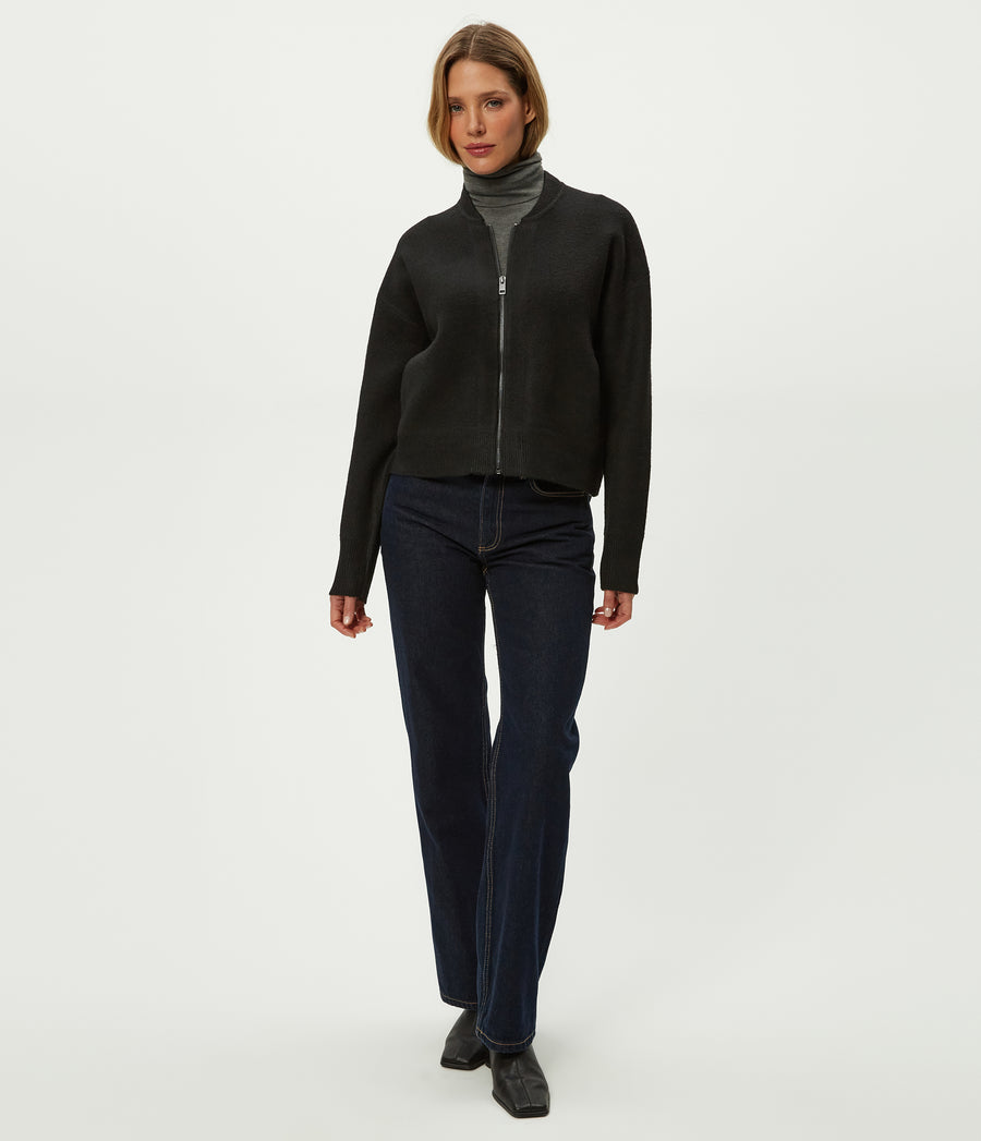 Lidia Cropped Bomber Jacket in Black Full Body View #BLACK