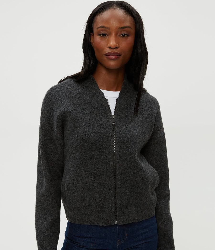 Lidia Cropped Bomber Jacket in Charcoal Grey Close up View #CHARCOAL