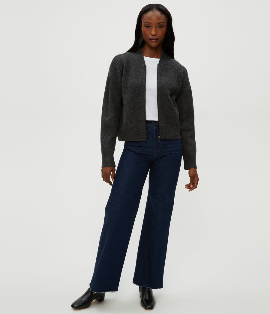 Lidia Cropped Bomber Jacket in Charcoal Grey Full Body View #CHARCOAL