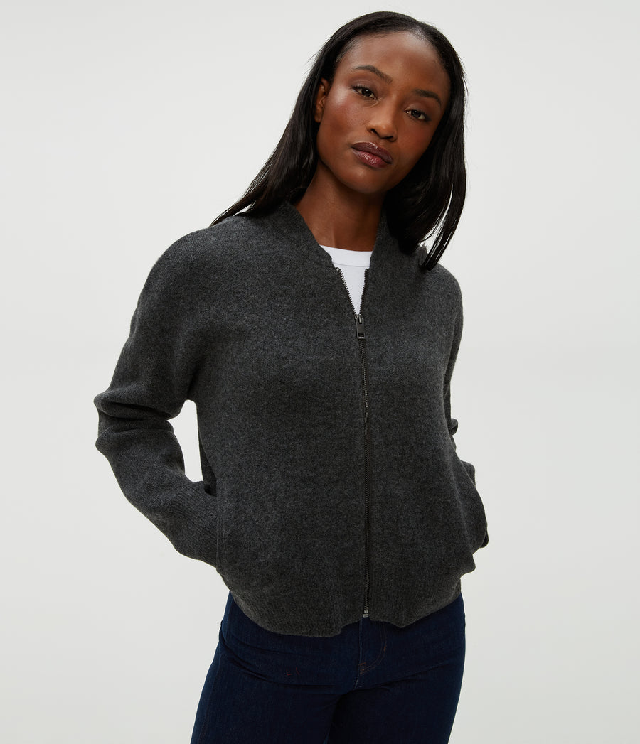 Lidia Cropped Bomber Jacket in Charcoal Grey Side View #CHARCOAL