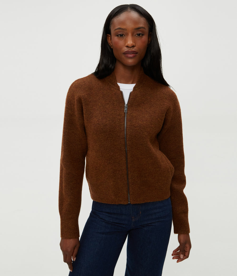 Lidia Cropped Bomber Jacket in ESPRESSO Brown Close Up View #ESPRESSO