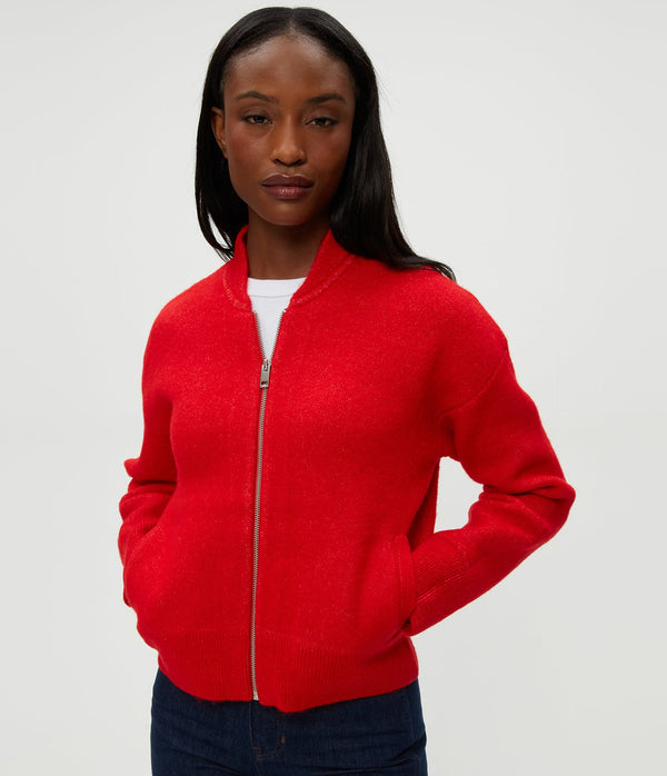 Lidia Cropped Bomber Jacket in POPPY RED Combo Close up View #POPPY