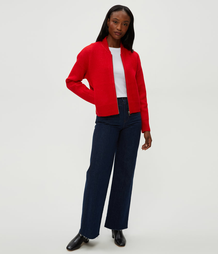 Lidia Cropped Bomber Jacket in POPPY RED Combo Full Body View #POPPY